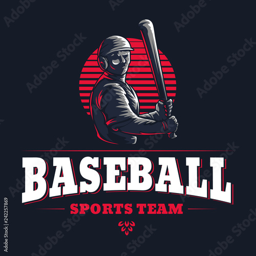 Baseball sports team club emblem engraved retro vintage logo graphic design template with game player silhouette isolated on black background Vector stamp illustration for championship league badge 