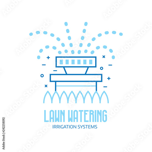 Garden sprinkler icon. Automatic lawn watering logo or emblem template. Irrigation system logotype in line art.