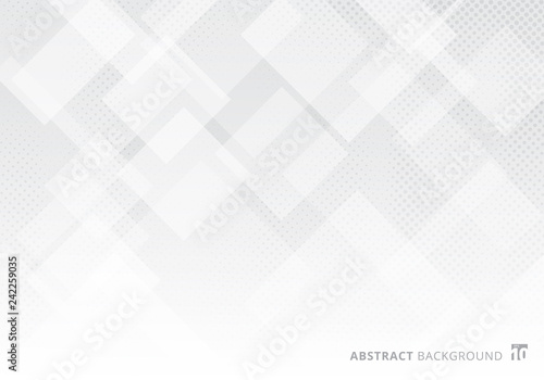 Abstract elegant squares shapes pattern overlay layer geometric white and gray gradient color background with halftone texture.
