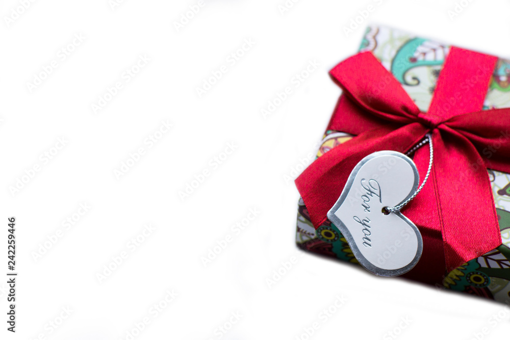 Gift colorful box with red ribbon, bow and text Gift colorful box with red ribbon, bow and text