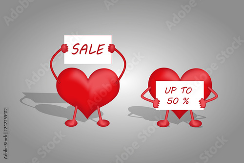 Two hearts hold in hands of a sign with the sale of a discount of up to 50 percent on a gray background