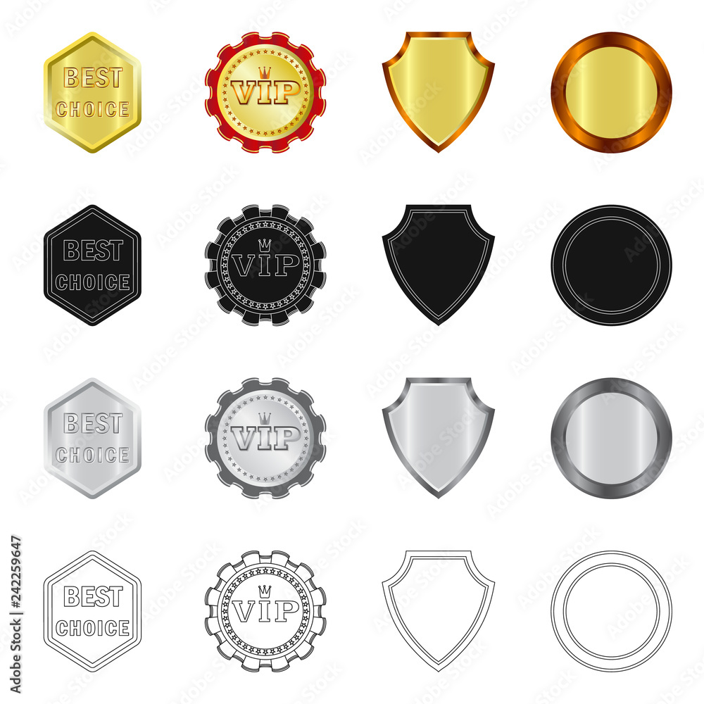 Vector design of emblem and badge sign. Collection of emblem and sticker stock symbol for web. Vector design of emblem and badge sign. Collection of emblem and sticker stock symbol for web.