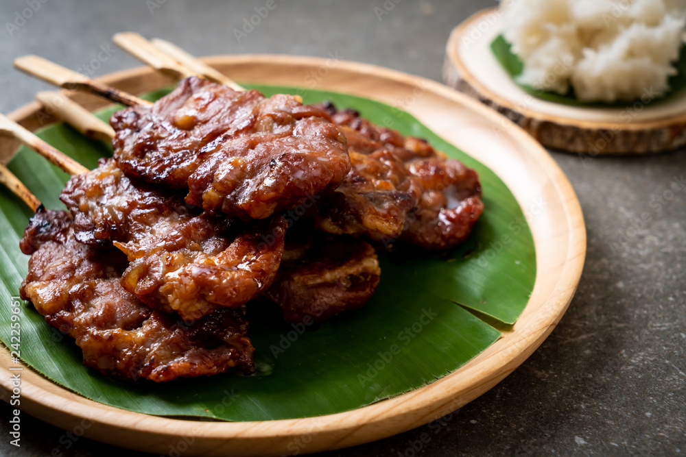grilled skewered milk pork with white sticky rice grilled skewered milk pork with white sticky rice