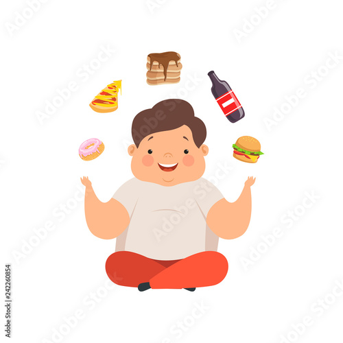 Overweight boy sitting on the floor and juggling fast food dishes, cute chubby child cartoon character vector Illustration on a white background