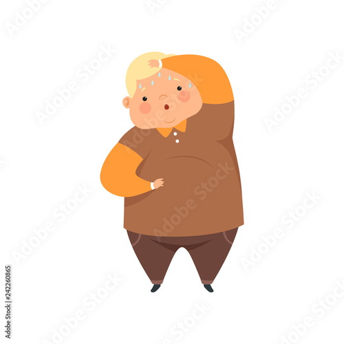 Overweight sweaty boy, cute chubby child cartoon character vector Illustration on a white background