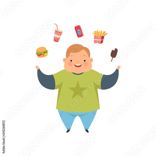 Overweight boy juggling fast food dishes, cute chubby child cartoon character vector Illustration on a white background