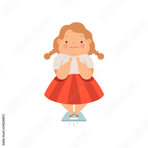 Overweight sweaty girl, cute chubby child cartoon character vector Illustration on a white background