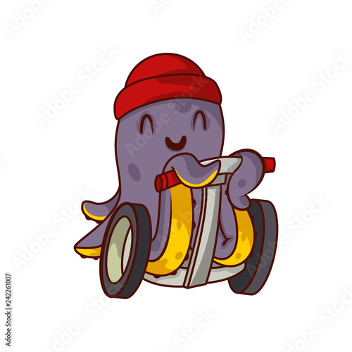 Happy purple octopus riding on self-balancing scooter. Humanized marine animal in red hat. Cartoon vector icon