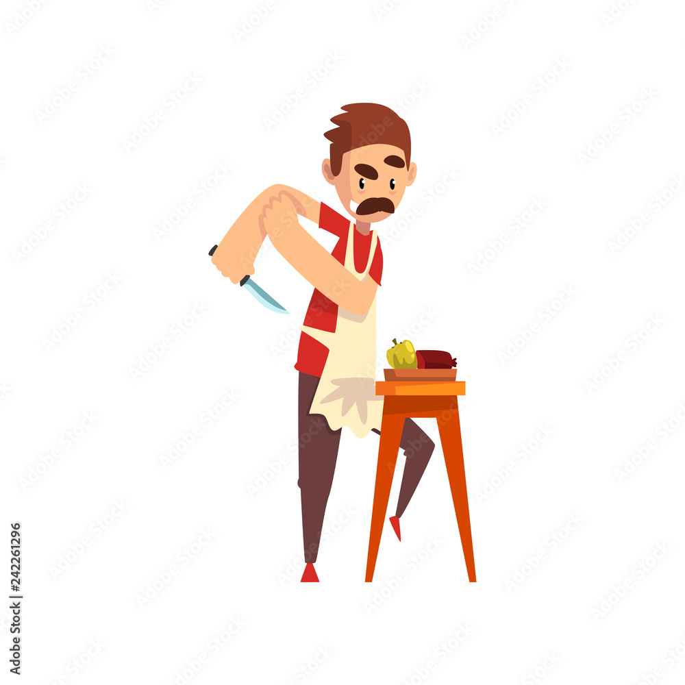Fototapeta premium Chef cutting vegetables, pizza maker character, stage of preparing Italian pizza vector Illustration