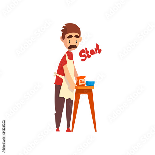 Chef making dough, pizza maker character, stage of preparing Italian pizza vector Illustration
