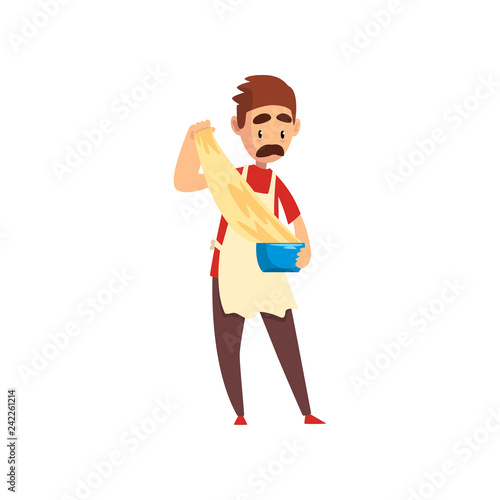 Chef kneading and cooking a dough, pizza maker character, stage of preparing Italian pizza vector Illustration