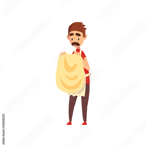 Chef spinning the dough, pizza maker character, stage of preparing Italian pizza vector Illustration
