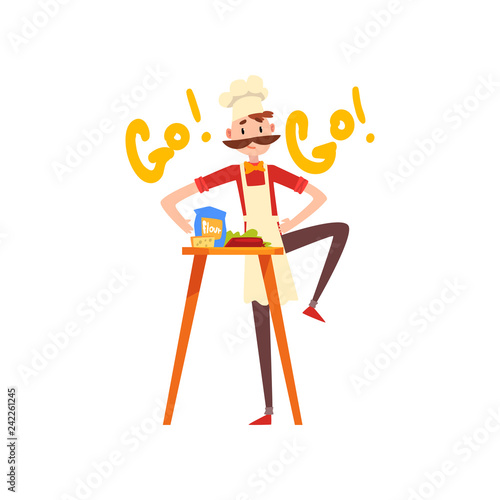 Male chef kneading the dough, pizza maker character, stage of preparing Italian pizza vector Illustration