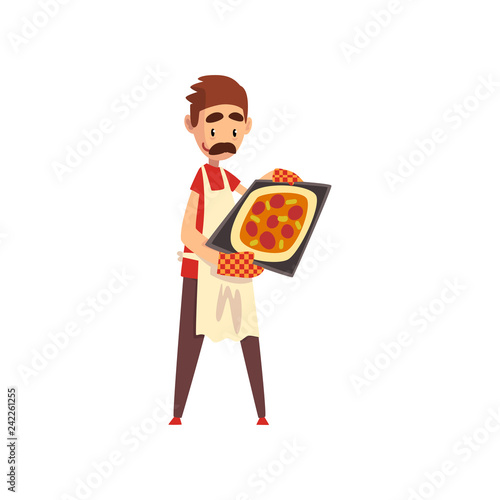 Male pizza maker character cooking pizza, stage of preparing Italian pizza vector Illustration