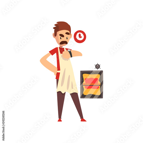 Pizza maker character making pizza, stage of preparing Italian pizza vector Illustration