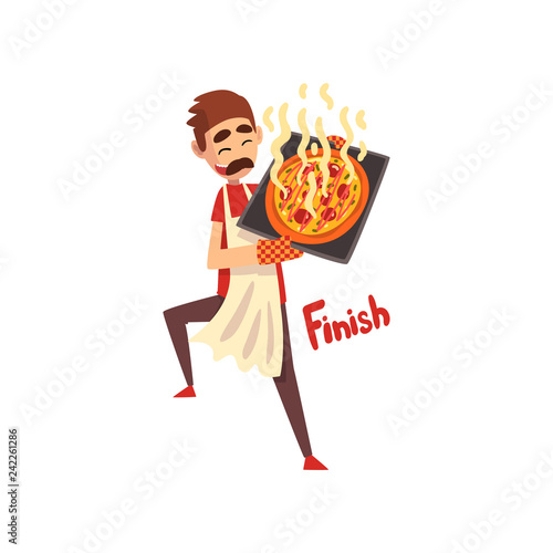 Chef holding a tray with freshly cooked hot pizza, pizza maker character, stage of preparing Italian pizza vector Illustration