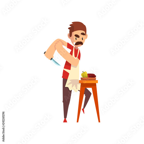 Chef cutting vegetables, pizza maker character, stage of preparing Italian pizza vector Illustration