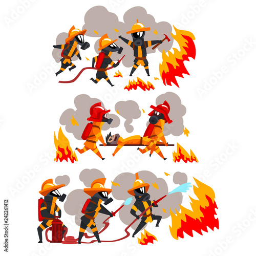 Firefighters extinguishing fire and helping people, firemen characters in uniform and protective masks at work vector Illustration on a white background