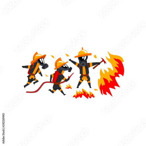 Firemen spraying water on fire, firefighter characters in uniform vector Illustration on a white background