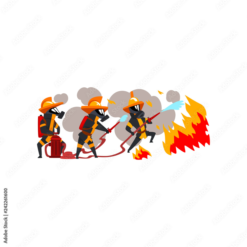 Firemen spraying water on fire, firefighter characters in uniform and mask at work vector Illustration on a white background