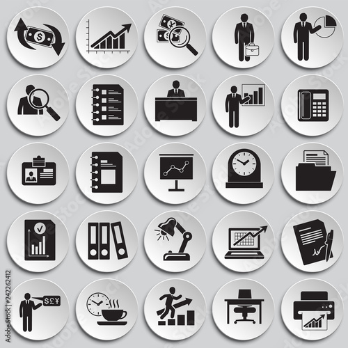 Business icons set on plates background for graphic and web design, Modern simple vector sign. Internet concept. Trendy symbol for website design web button or mobile app