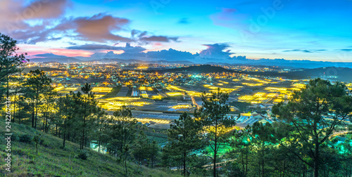 City night scene of a valley in Da Lat with greenhouses to plant flowers and vegetables. Blue hour moments when the sun sets it s time to light valley beauties adorn the romantic highland Vietnam