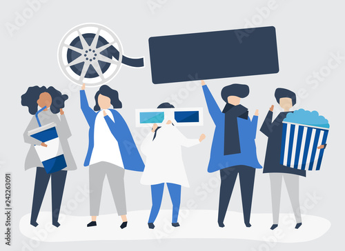 Characters of people holding movie icons illustration