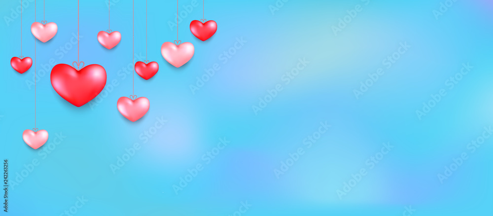 Fototapeta premium Hanging hearts. Valentines day greeting card design in 3d style on sky background. Isolated objects for celebration decoration design.