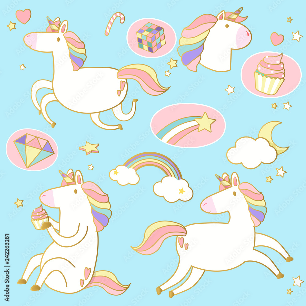Cute unicorns with magic element stickers vector Cute unicorns with magic element stickers vector