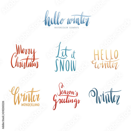 Set of winter watercolor typography vectors