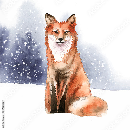 Hand-drawn fox in the snow watercolor style