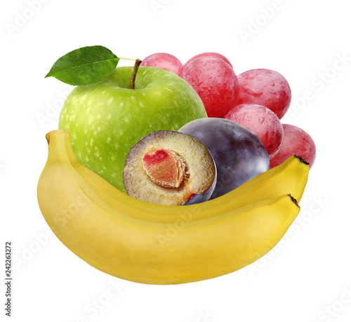 banana, green Apple, purple plum, red grapes. whole fruit isolated on white background.