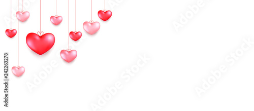 Hanging hearts. Valentines day greeting card design in 3d style on white background. Isolated objects for celebration decoration design.