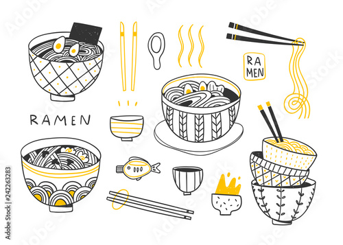 Doodle Ramen. Various noodles and other objects. Hand drawn vector set. All elements are isolated