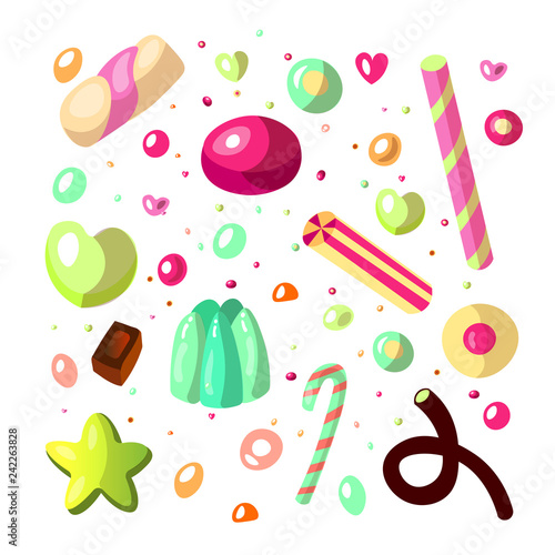 Sweet cartoon candy set. Collection of sweets, cartoon style. Jelly, candy, cakes, sweet donut and marmelade. Huge set of cartoon doodle form candies and sweets. Lollipop, cotton, donut and striped