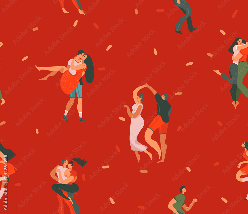 Hand drawn vector abstract cartoon modern graphic Happy Valentines day concept illustrations art seamless pattern with dancing couples people together isolated on red color background