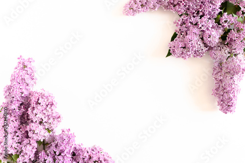 Border frame made of lilac flowers on a white background