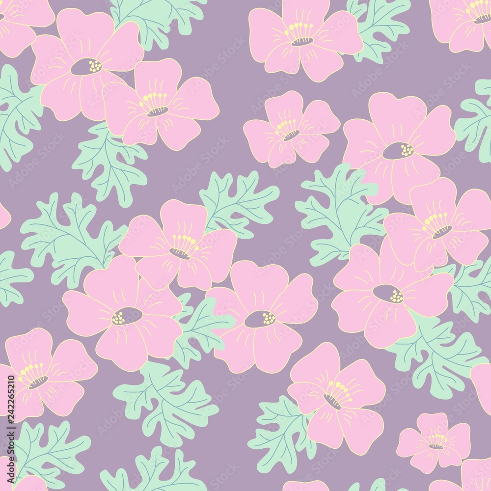 Hand drawn floral vector seamless pattern. Modern pastel colors and dark background. 