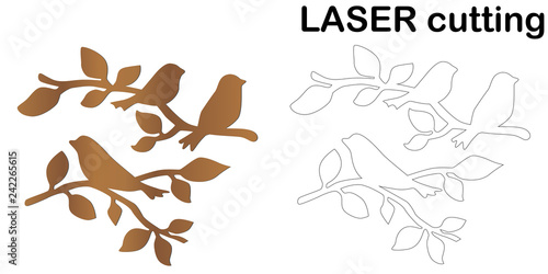 Laser cut of birds on a branch. Modern decorative element for interior. Laser cutting branches with silhouette of birds.