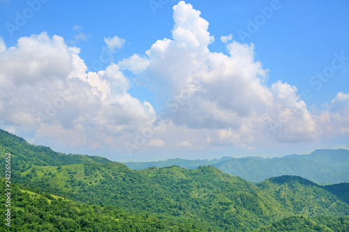 Beautiful trees and mountains on blue sky with white puffy cloud. Landscape view of nature.