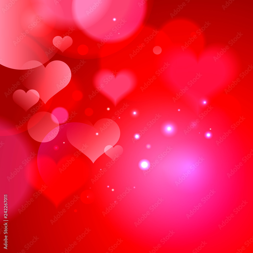Abstract backdrop with hearts and bokeh lights, romantic card backdrop