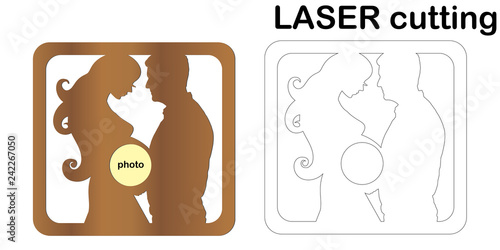 Laser cut frame with silhouette of a man and pregnant woman for baby ultrasound image. Vector photo mockup. Wooden sign. Decorative vector template frame. Vector template.
