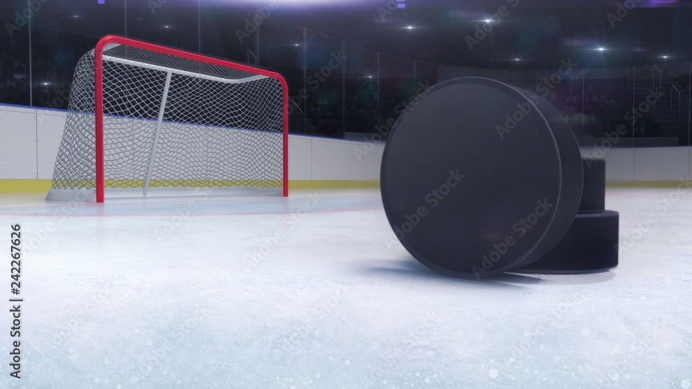 Fototapeta premium ice hockey stadium and goal gate with puck front and camera flash behind, hockey and skating stadium indoor 3D render illustration background