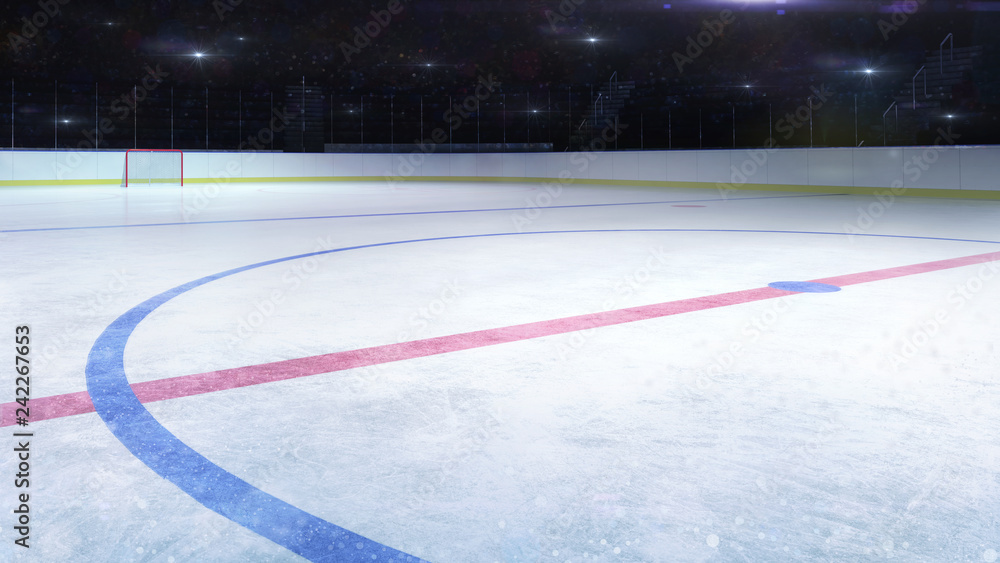 Ice Hockey Stadium Middle Rink General View And Camera Flashes Behind 
