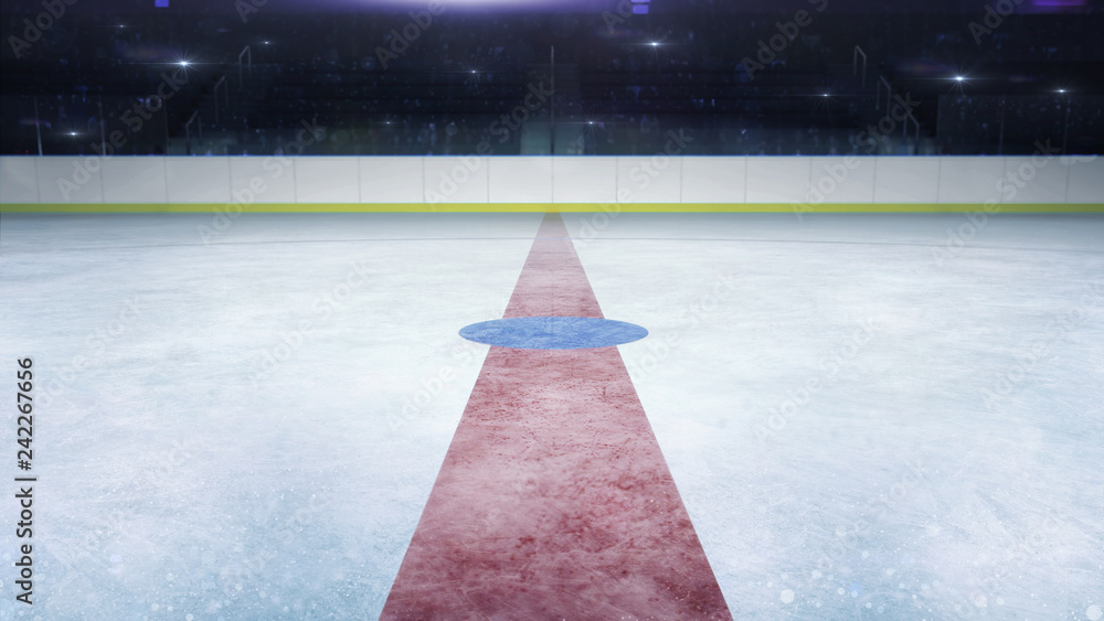 Fototapeta premium ice hockey stadium middle line general view and camera flashes behind, ice hockey and skating stadium indoor 3D render illustration background