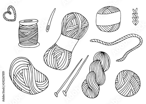 Knitting yarn balls set in hand drawn style