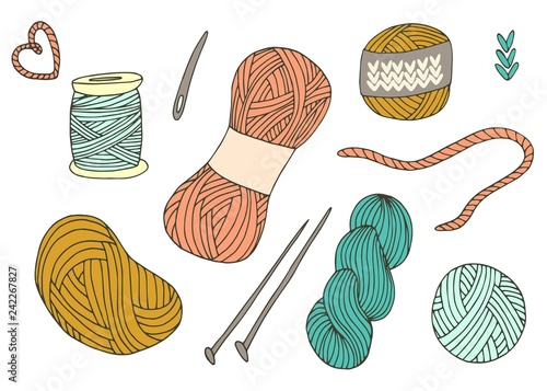 Knitting yarn balls set in hand drawn style