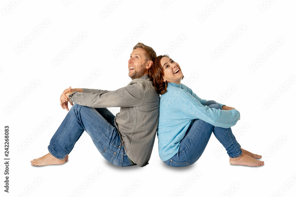 Young attractive smiling couple thinking of future or past together isolated on white and copy space Young attractive smiling couple thinking of future or past together isolated on white and copy space