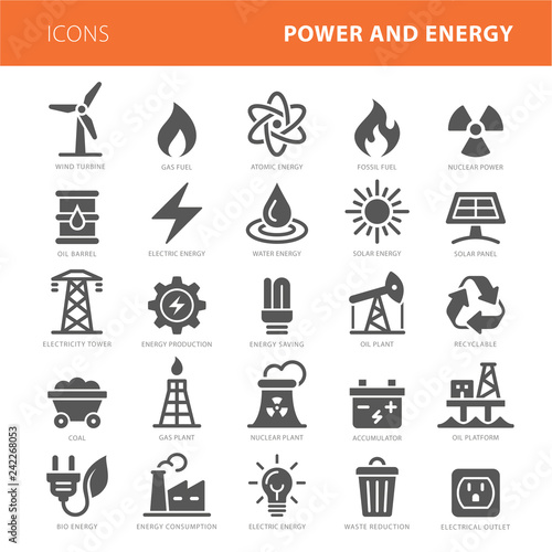 Energy icons grey vector illustration set