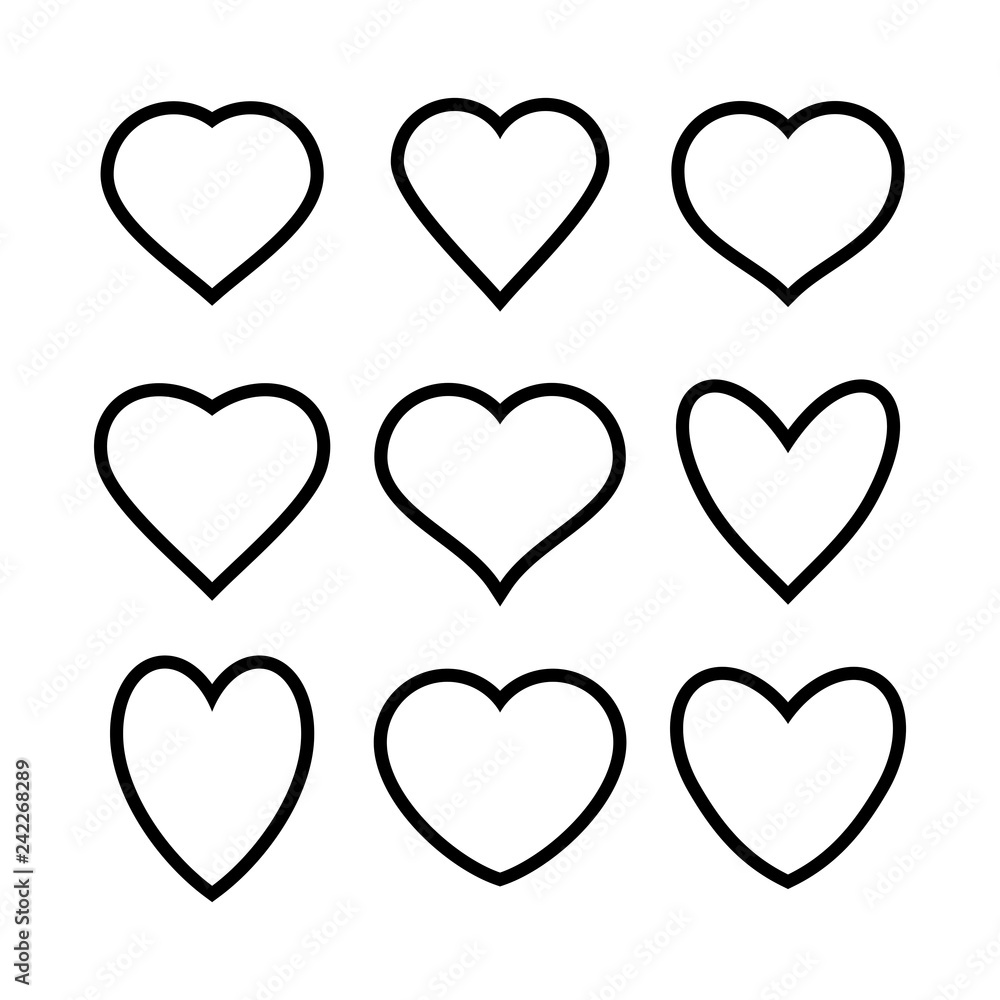Set of various Black heart icons, linear design. isolated on white background